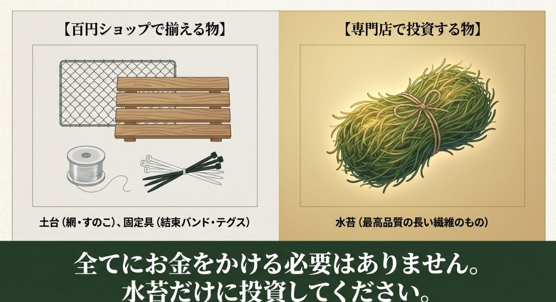 土台用の網やすのこ、結束バンドなどの100均アイテムと、専門店で投資すべき最高品質の長い水苔のイラスト