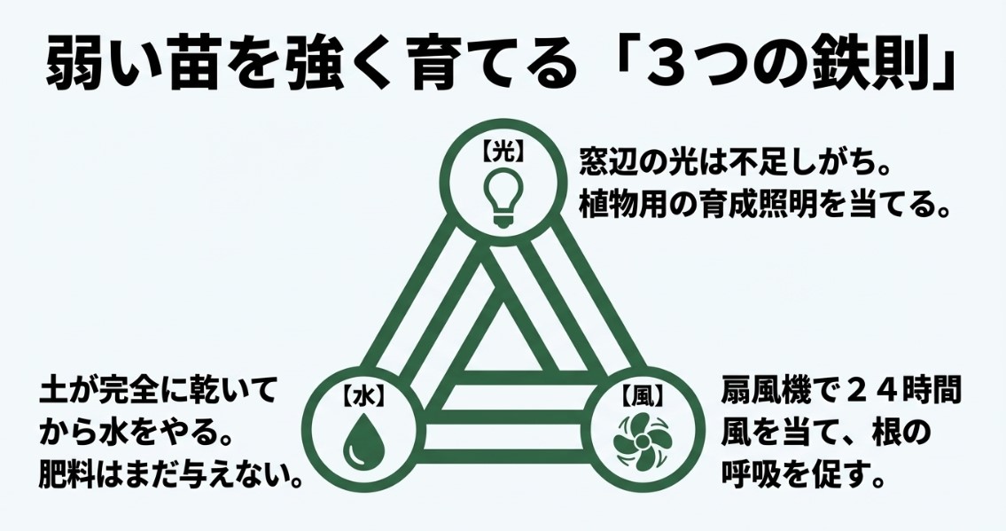 弱い苗を強く育てる3つの鉄則 弱いメリクロン苗を強く育てるための光・水・風の3つの鉄則