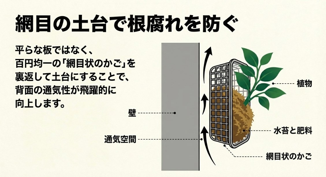 100均の網目状のかごを裏返して土台にし、壁との間に通気空間を作って根腐れを防ぐ構造図