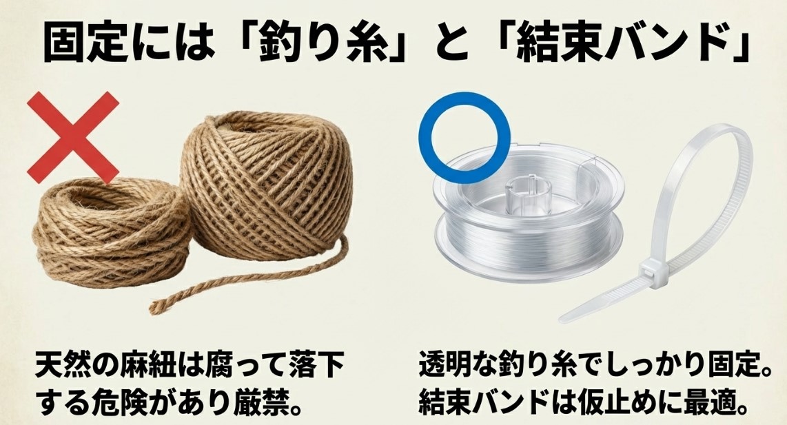 NGな麻紐と推奨される透明な釣り糸