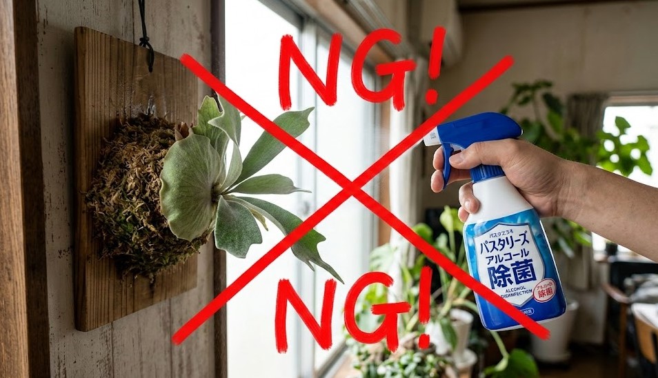 ビカクシダなどの植物にアルコール除菌スプレーを使用することがNGであることを示す警告画像