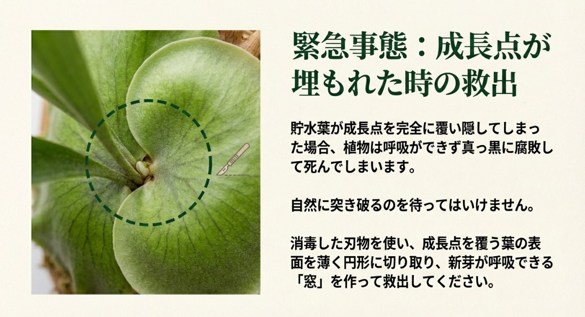 ビカクシダの成長点が貯水葉に埋もれた時の救出方法 貯水葉に埋もれた成長点周辺を円形に切り取るメスのイラスト