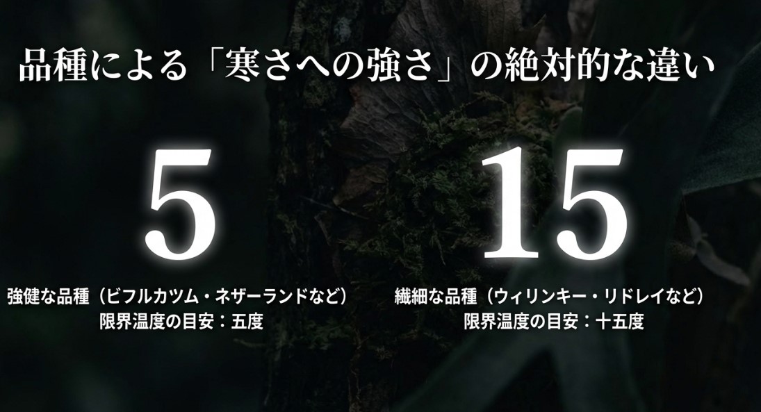 品種による寒さへの強さの絶対的な違いを示すスライド。強健な品種は5度、繊細な品種は15度が限界温度の目安。