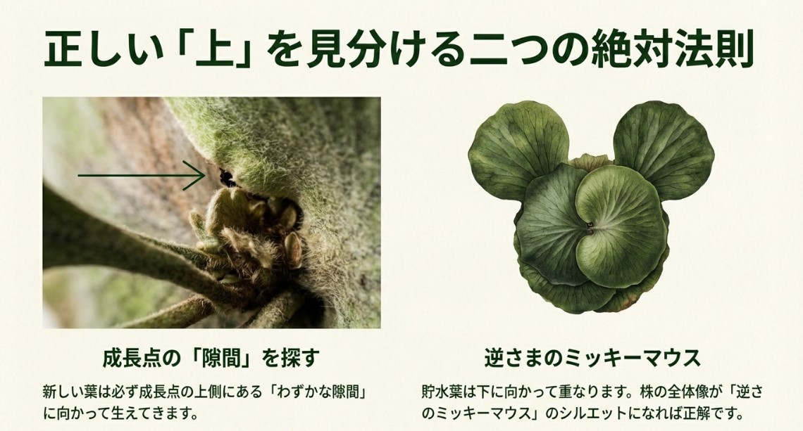 ビカクシダの正しい上下を見分ける絶対法則 成長点の上側にある隙間と、貯水葉が逆さまのミッキーマウスのシルエットになる様子