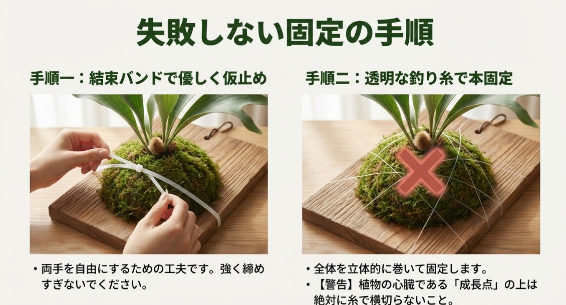 結束バンドを使って両手を自由にする仮止め手順と、透明な釣り糸（テグス）での本固定を解説したスライド