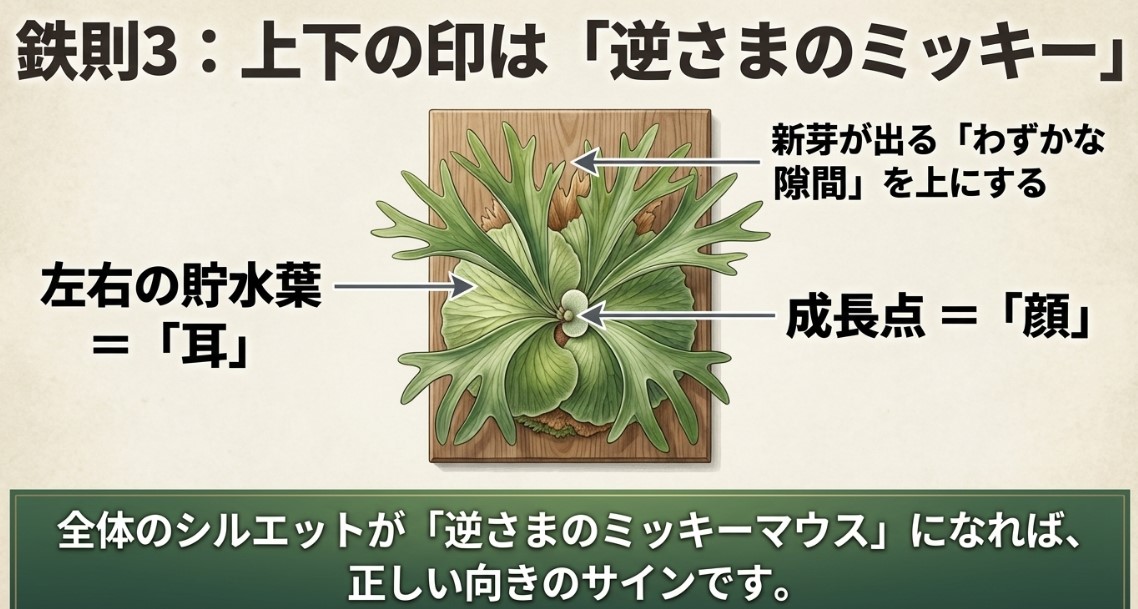 鉄則3：上下の印は「逆さまのミッキー」。成長点を顔、左右の貯水葉を耳に見立て、新芽が出るわずかな隙間を上にする。