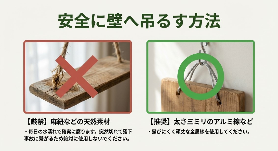 腐食して落下する危険がある麻紐などの天然素材を避け、太さ3ミリのアルミ線などの金属線を推奨する解説図