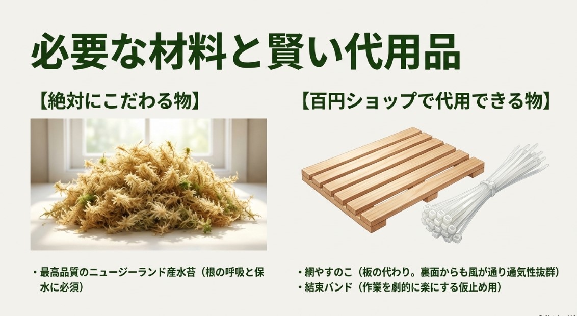 ニュージーランド産水苔などの必須アイテムと、100円ショップで代用できる網やすのこ、結束バンドなどの材料一覧表