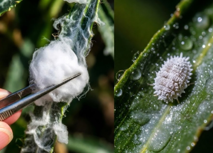ビカクシダの生長点に付着した白カビとコナカイガラムシの見た目の違いを比較した写真