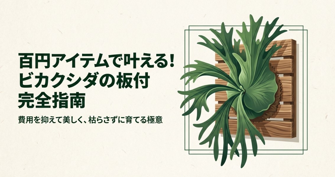 木の板に美しく着生されたビカクシダの完成イラスト