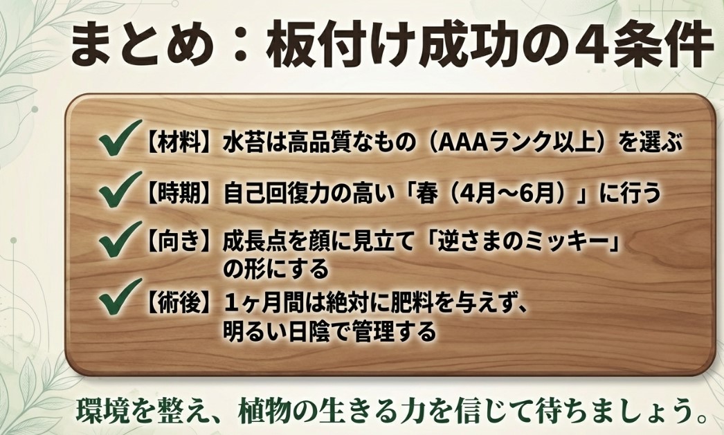 まとめ：板付け成功の4条件。高品質な水苔を選ぶ、春に行う、逆さまのミッキーの形にする、術後1ヶ月は肥料を与えず明るい日陰で管理する。