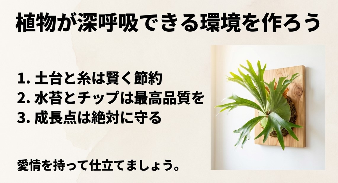 木の板に美しく板付けされたビカクシダと3つのポイント