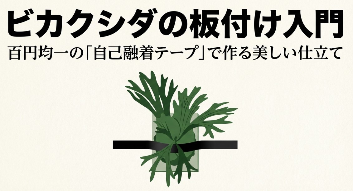 自己融着テープを使って美しく板付けされたビカクシダのイラスト図解