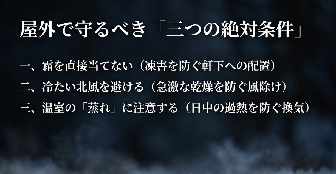 屋外管理で守るべき3つの絶対条件のスライド。霜を直接当てない、冷たい北風を避ける、温室の蒸れに注意する旨の記載。