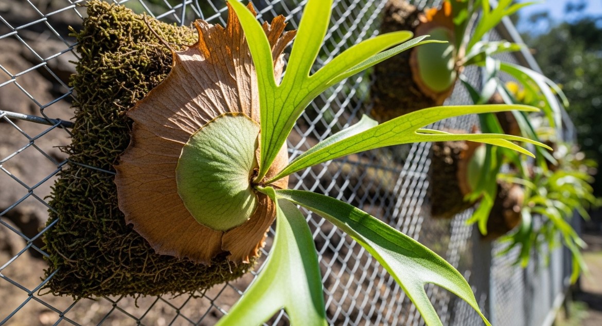 屋外の金網フェンスに掛けられて最低気温1度の厳しい寒さに耐える複数のビカクシダの様子