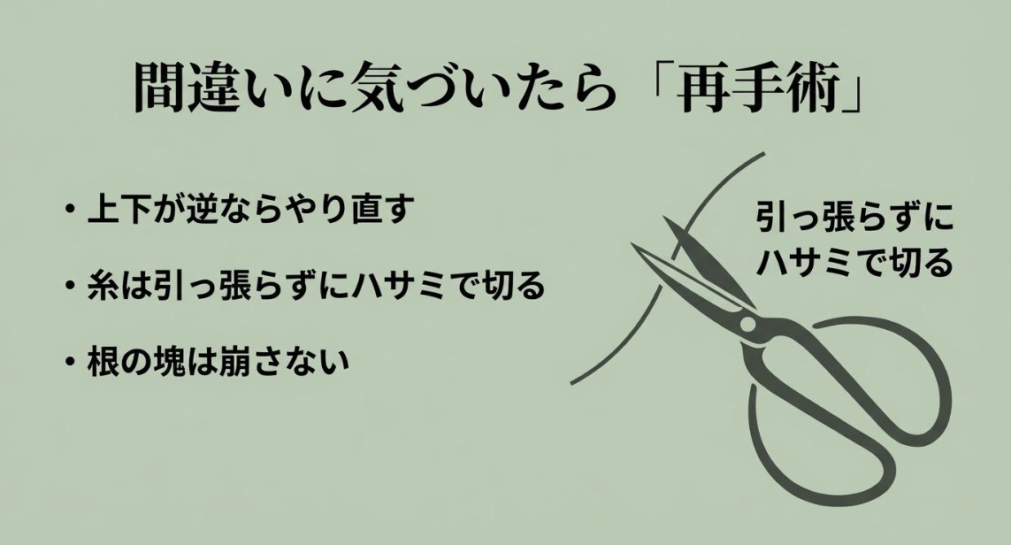 間違いに気づいたら「再手術」。上下が逆ならやり直す、糸は引っ張らずにハサミで切る、根の塊は崩さないと記載されたスライド