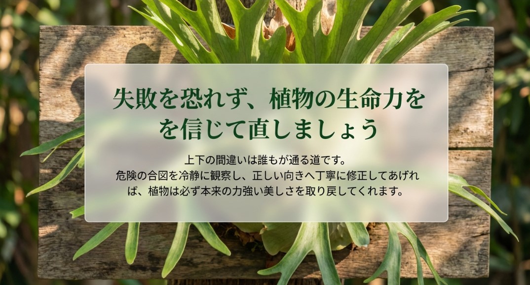 失敗を恐れずビカクシダを直しましょう 失敗を恐れず植物の生命力を信じて直すことを促すメッセージスライド