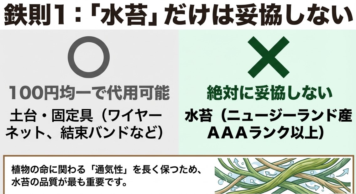 鉄則1：水苔だけは妥協しない。土台や固定具は100円均一で代用可能だが、水苔はニュージーランド産AAAランク以上の高品質なものを選ぶ。