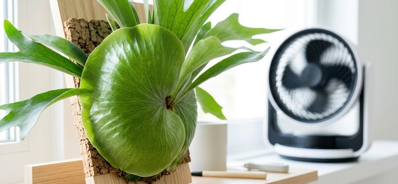 室内で板付けビカクシダにサーキュレーターで風を当てて通気性を確保しカビを予防する様子