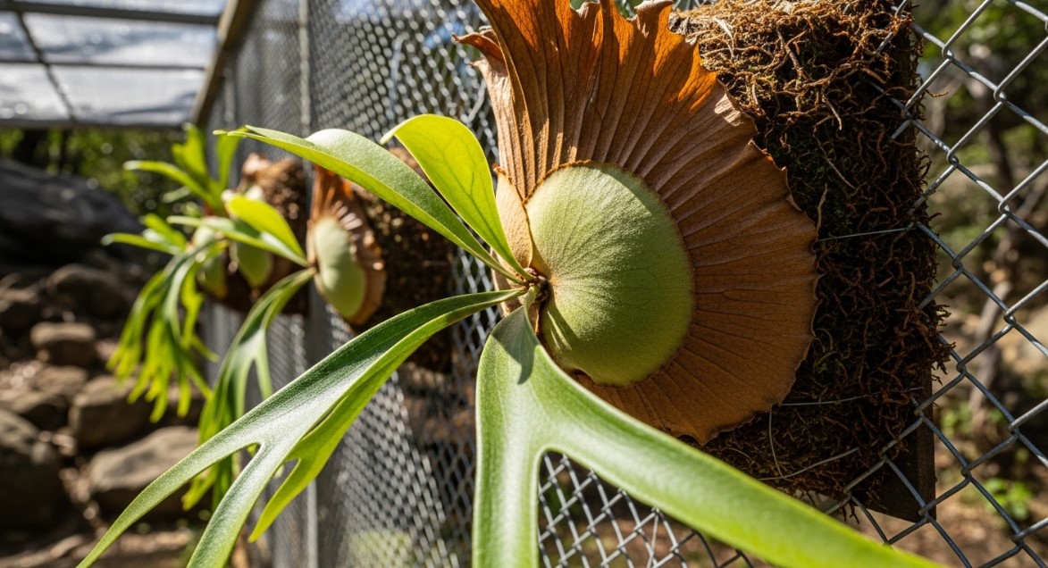 窓際での冷害（コールドドラフト）に遭い、胞子葉が力なく垂れ下がり成長点が黒ずんでダメージを受けたビカクシダのイメージ