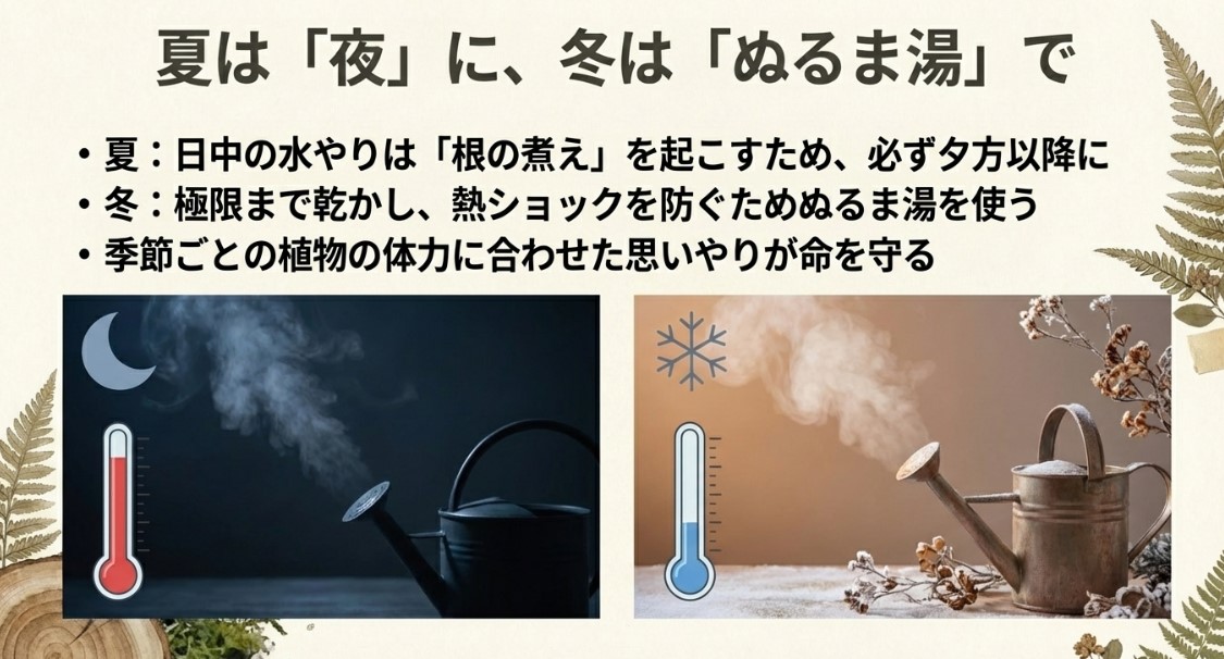 夏は夜に、冬はぬるま湯で水やりを行う理由を解説したテキスト