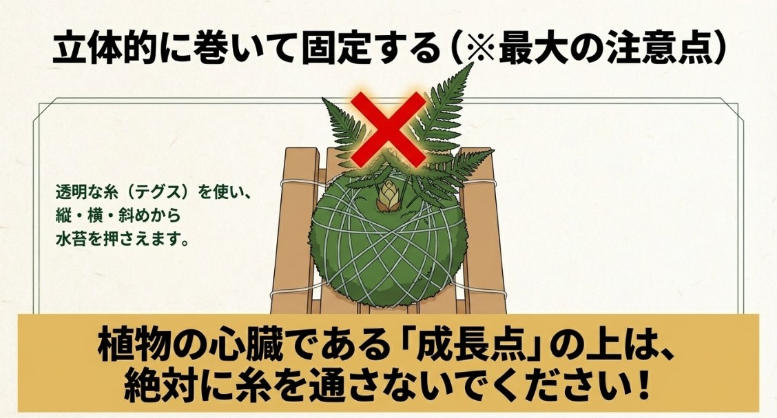 透明な糸で縦・横・斜めから水苔を押さえつつ、植物の心臓である「成長点」の上には絶対に糸を通さないよう警告する図解