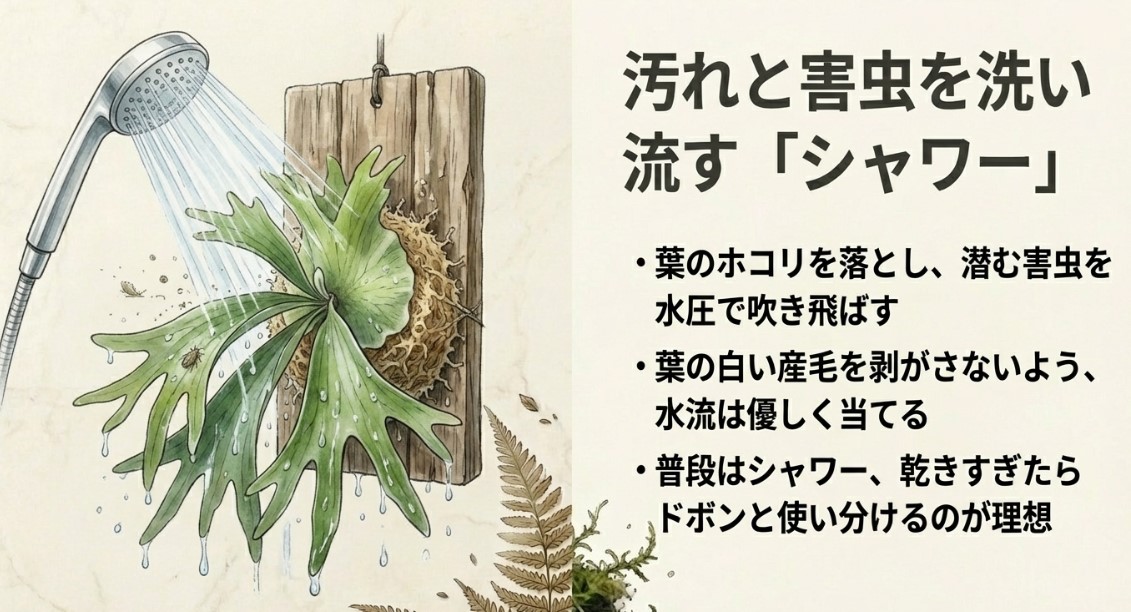 板付ビカクシダにシャワーで優しく水をかけているイラスト