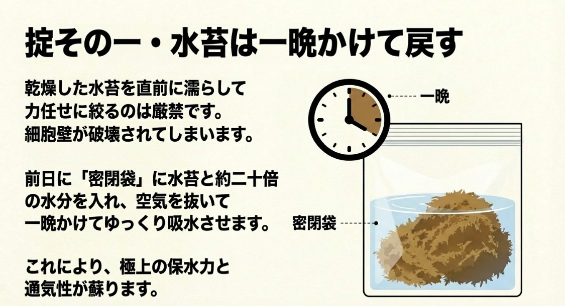 密閉袋に水苔と約20倍の水分を入れ、一晩かけてゆっくり吸水させる正しい水苔の戻し方