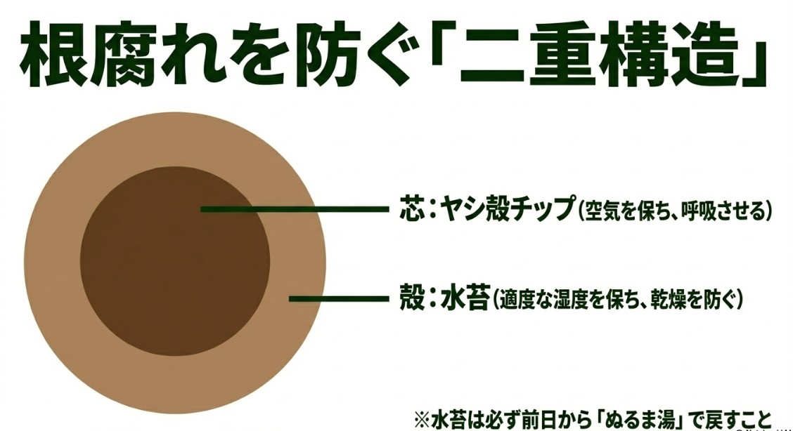 中心にベラボン、外側に水苔を配置した二重構造の図