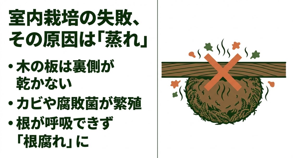 木の板による蒸れと根腐れの発生メカニズムを示す図