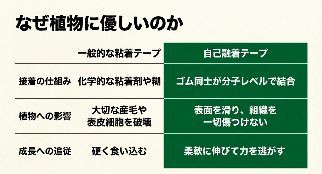 一般的な粘着テープと自己融着テープの接着の仕組みと植物への影響を比較した表
