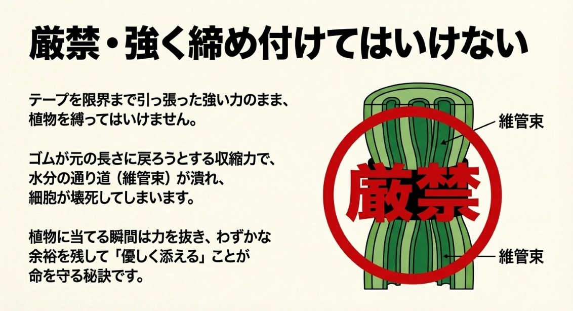 テープの収縮力でビカクシダの水分の通り道である維管束が潰れ、細胞が壊死するのを防ぐための注意喚起