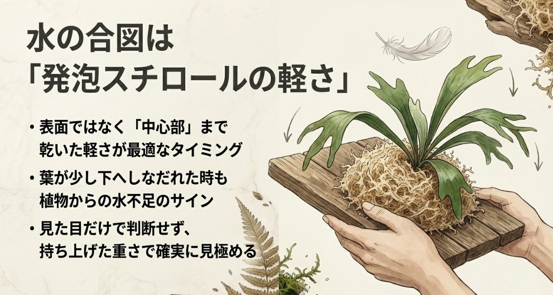 水やりの合図である発泡スチロールの軽さについて解説したテキスト