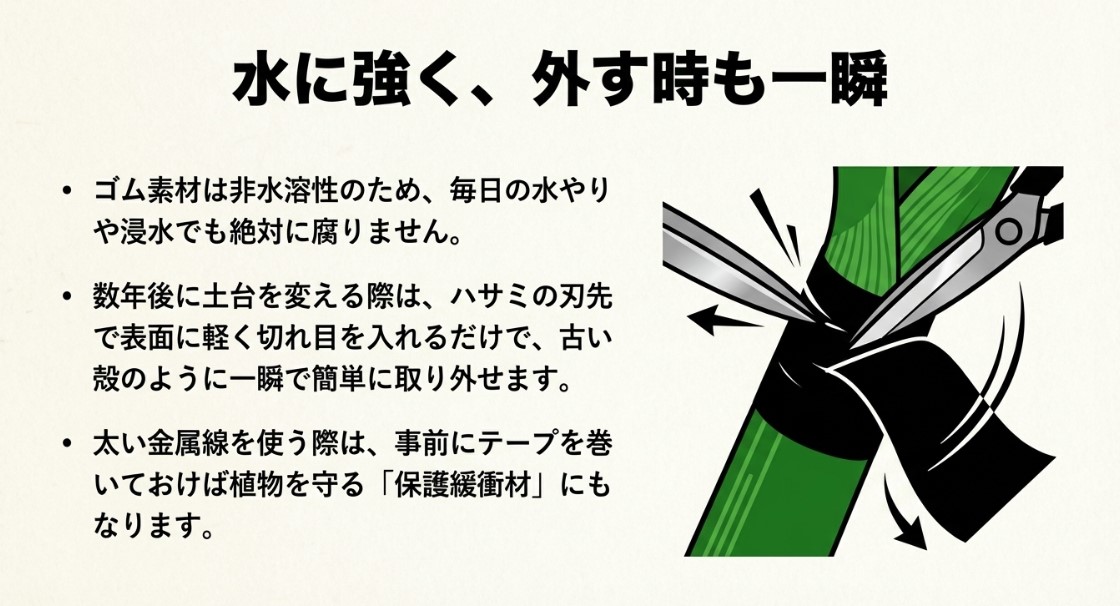 非水溶性のゴム素材で腐らず、数年後に外す際もハサミで軽く切れ目を入れるだけで簡単に外せる様子